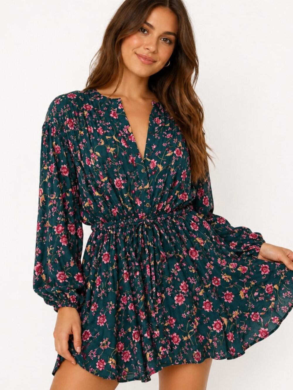 Free People Floral Mini Dress Green Pink Cottagecore XS